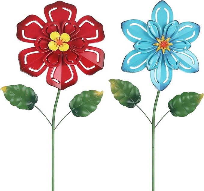 hogardeck Metal Flower Decorative Garden Stakes, 2 Pack 22" Outdoor Garden Decor with Shaking Flower Head Yard Stakes, Yard Art Spring Decorations for Patio Lawn (Blue & Red)