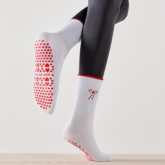 3 Pairs Cute Pilates Socks with Grips for Women Non Slip Yoga Socks Grippy Crew Socks Embroidery Pattern for Workout Ballet