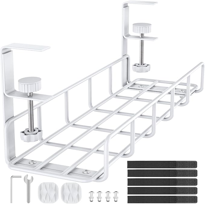Under Desk Cable Management Tray, 15.7'' No Drill Steel Cable Tray Organizers, Wire Management Tray Cable Rack with Clamp Mount, Metal Under Desk Tray with Wire and Cord Organizer White（1pack