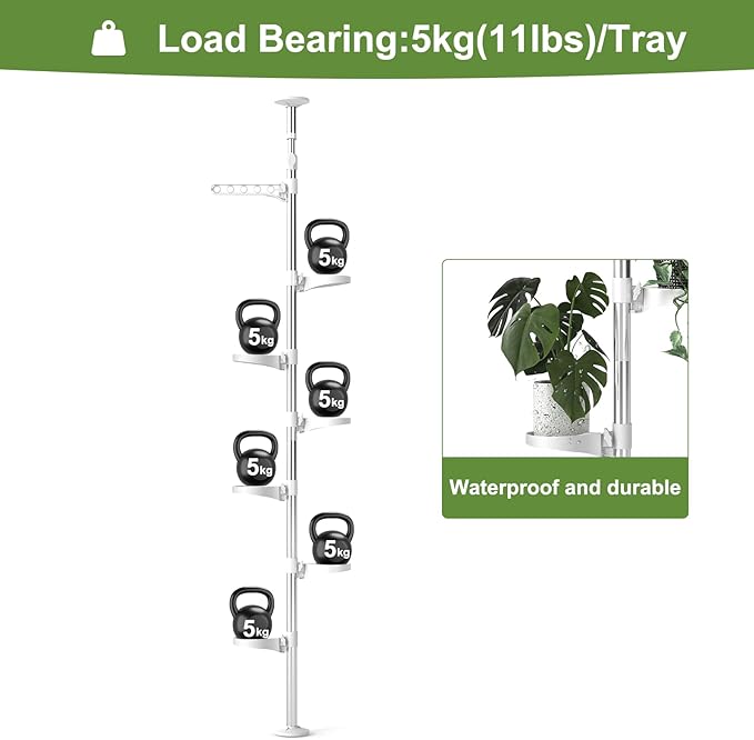 BAOYOUNI 7-Layer Indoor Plant Stands Spring Tension Pole Metal Flower Display Rack Space Saver Corner Floral Pot Hanger Shelf, Ivory