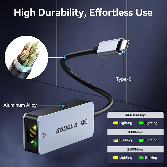 Sodola USB C to Ethernet Adapter 2.5G, Ethernet Adapter for Laptop, Aluminum, Type C to RJ45 Network Internet LAN Adapter, Compatible for NAS, MacBook Air/Pro, iPhone 15/16 Pro/Max