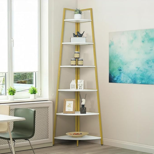 CAPHAUS Tall Corner Shelf Stand, 6-Tier Display Shelves, Ladder Corner Wood Storage Plant Bookshelf with Metal Frame, Versatile Shelving Unit Bookcase for Home Office Space, Gold