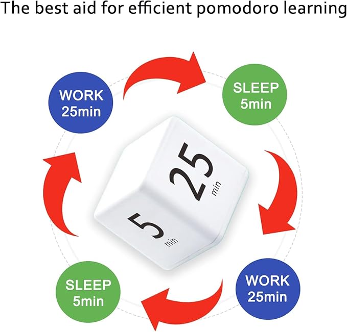 Rotating Pomodoro Timer, 5/25/15/45 Mins Preset, Desk Cube Countdown Flip Productivity Timer for ADHD, Time Management, Classroom, Workout, Kitchen, Cooking, Study, White
