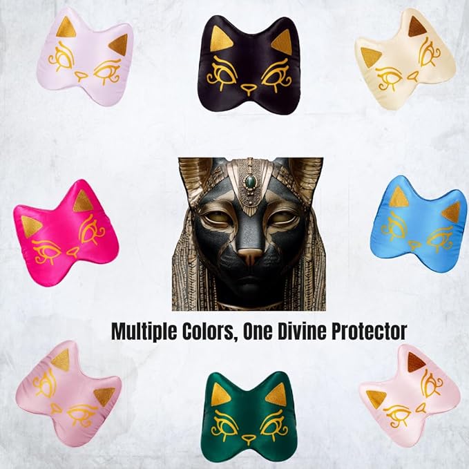 Silk Sleep Mask Blindfold Eye Mask for Sleep Cute Cat Print Embroidered Eye Cover Adjustable Oversized Egyptian Bastet with Gift Box&Pouch（Midnight Bastet-Adjustable Strap）