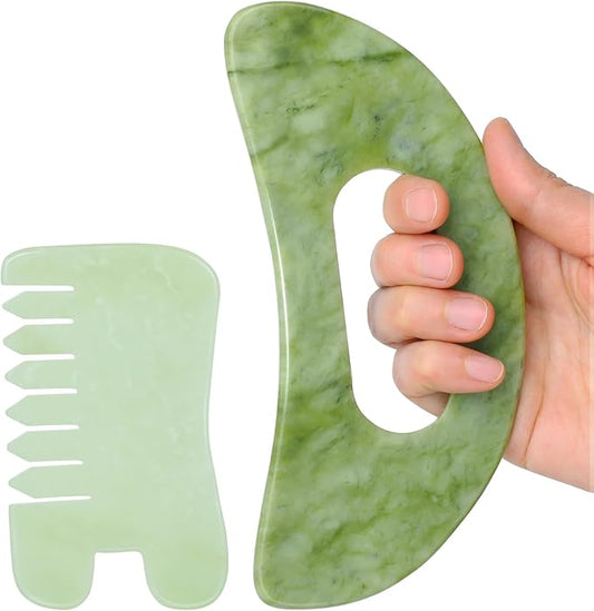 Jade Stone Gua Sha Massage Tool Set Larger Guasha Board with Handle, Muscle Scraping Massage Tools, Guasha Scraping Scalp Comb, Acupuncture Tools for Back Neck, Head, Relaxation Lymphatic Drainage