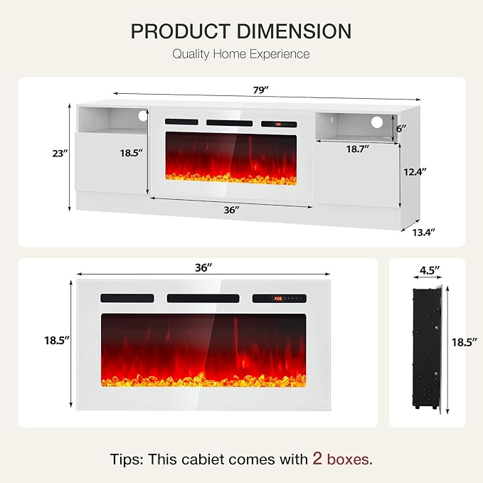 80” TV Stand with 36” Electric Fireplace, Large Modern Media Entertainment Center with Storage Cabinet and 12 Colors LED Lights for TVs Up to 90",All Black
