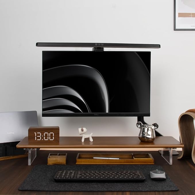 Bamboo Monitor Stand Riser with Acrylic Legs for Desk, 31.5 Inches Desktop Shelf Supports for PC Computer Monitor, Laptops, Printer, Speakers (Brown)