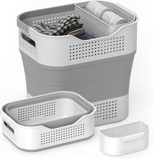 TECHMILLY Collapsible Plastic Laundry Basket Hamper with Handles, 35L Portable Rubber Clothes Basket, Pop Up Storage Container/Organizer with Hanging basket for Washing & Storage, Grey