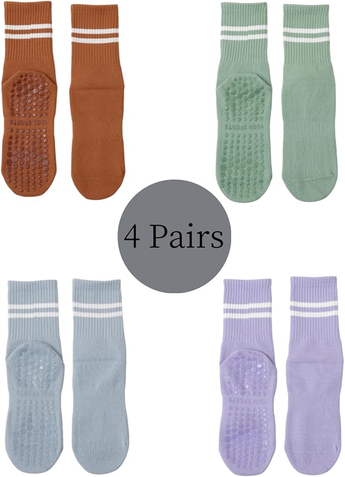 Yoga Socks with Non-Slip Grips for Women - 4 Pairs Pilates, Barre, Gym, Dance Workout Anti-Skid Socks