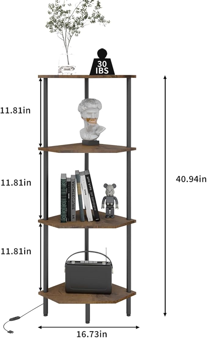 4 Tier Corner Shelf with LED Light,Bookcase for Small Spaces,Display Shelf,Narrow Bookshelf,Plant Stand,Rustic Brown and Black,Suitable for Bedroom,Living Room,Kitchen