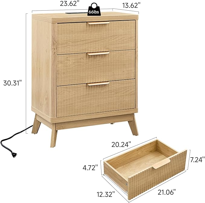 Fluted Nightstand with Charging Station, 23'' Modern Side Table with 3 Large Storage Drawers, Wide Night Stand Bedside End Table Tall Wooden Dresser for Bedroom