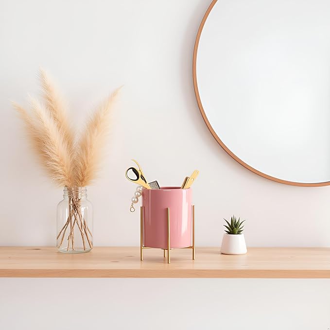 Ceramic Pen Holder Stand Cup Pencil Holder Organizer Makeup Brush Holders for Home Office Desk (Pink)