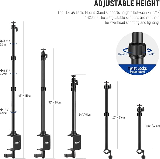 NEEWER TL253A+DS001 Table Camera Tripod with 2 Telescopic Arms, Phone Holder, Ball Heads, Screw Adapter, Table Light Stand for Camera, Mobile Phone, Webcam, Ring Light