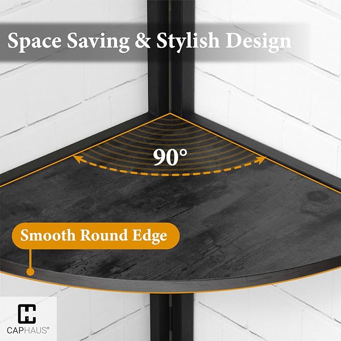 CAPHAUS Tall Corner Shelf Stand, 6-Tier Display Shelves, Ladder Corner Wood Storage Plant Bookshelf with Metal Frame, Versatile Shelving Unit Bookcase for Home Office Space, Black