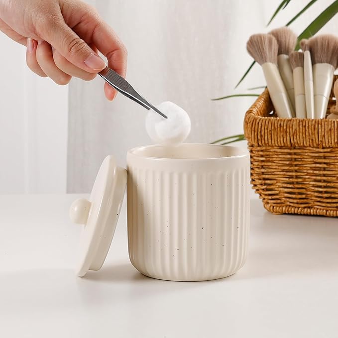 BosilunLife Bathroom Accessories Set - Ceramic Bathroom Set Bathroom Decor Sets Bathroom Counter Foam Soap Dispenser and Toothbrush Holder Set, Soap Dish, Apothecary Jar (Striped Apricot)