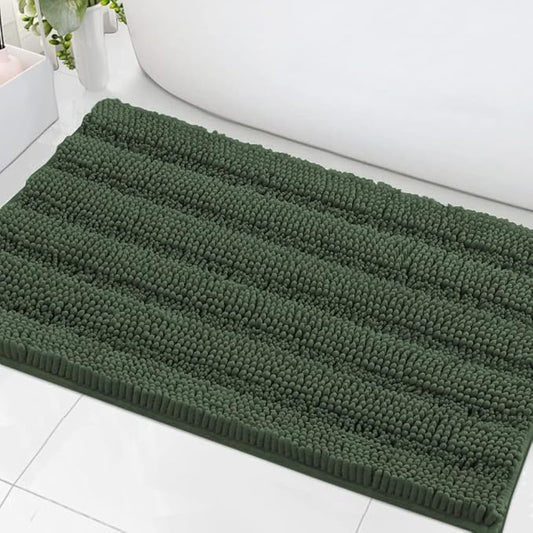 H.VERSAILTEX Bath Mats for Bathroom Non Slip Extra Thick Chenille Striped Bath Rug 24" x 36" Absorbent Non Skid Fluffy Soft Shaggy Rugs Washable Plush Mats for Indoor, Bath Room, Tub - Bronze Green