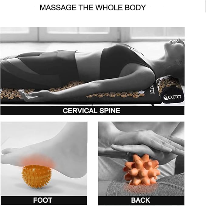 Extra Long Yoga Acupressure Mat Set,Massage Acupuncture Mat Large,Magnetic Mat Acupressure Body mat and Pillow for Neck Back Pain Relief(Gold)