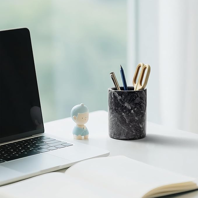 WORHE Pen Holder Stand Italy Natural Premium True Marble Makeup Brush Holders, Tableware Organizer Desk Pencil Cup for Home Office School Decor Dark Grey (DL012)