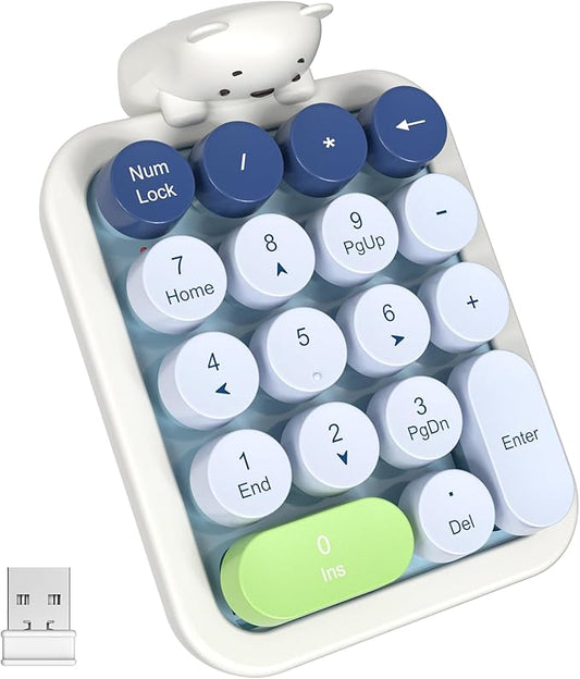 MOFII Wireless Number Pad with Bear - Mixed Blue Numeric Keypad 18 Keys 2.4G Round Keycap Colorful Extensions Cute Numpad, Portable Accounting Financial Retro Numpad 10 Key for Laptop/PC/Notebook