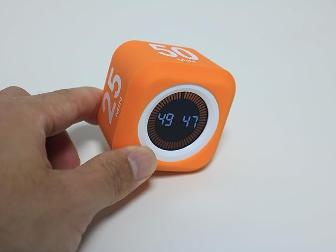 FCXJTU Rotating Cube Pomodoro Visual Timer 5, 25, 10 50 Minutes Preset, Rechargeable Desk Productivity Flip Custom Countdown Timer w/Silicone Cover, Silent Mode for ADHD Study, Work, School(Orange)