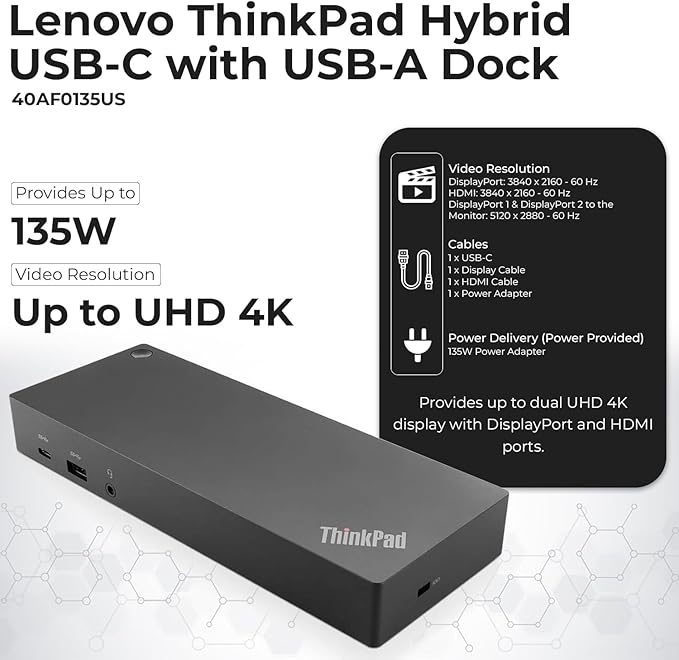 Lenovo 40AF0135US Thinkpad Docking Station Dual Monitor Hybrid USB-C with USB-A - 1 Year Warranty, with 135W Adapter + HDMI Cable + DisplayPort Cable + USB-C Cable + Microfiber Cloth (Renewed)