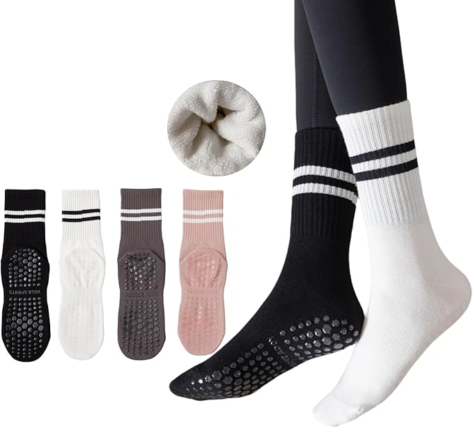 Yoga Socks with Non-Slip Grips for Women - 4 Pairs Pilates, Barre, Gym, Dance Workout Anti-Skid Socks