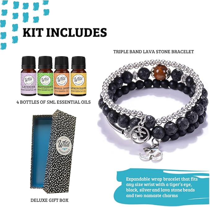Wild Essentials Triple Band Namaste Lava Stone Essential Oil Diffuser Wrap Bracelet, Expands to any size, Aromatherapy Jewelry Gift Set and 100% Pure Oils (Lavender, Lemongrass, Orange, Peppermint)