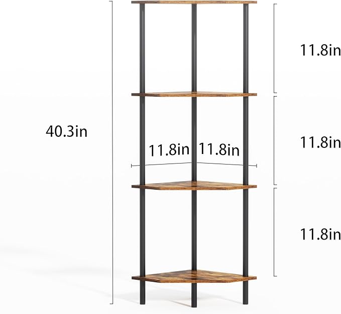 Corner Shelf Stand, Storage Standing Shelf Unit with Metal Frame, Narrow Bookshelf with LED Light Brown Plant Display Stand, Multi Unit Organizer Corner Cabinet for Bedroom, Living Room (4 Tier)