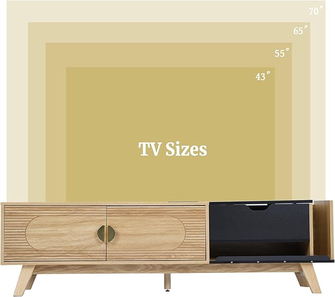 Modern TV Stand for TVs up to 70 Inch, Wood TV Cabinet, Entertainment Center with CD Storage Cabinet, TV Console Table with 2 Doors and Power Outlets, for Living Room (Natural & Black)