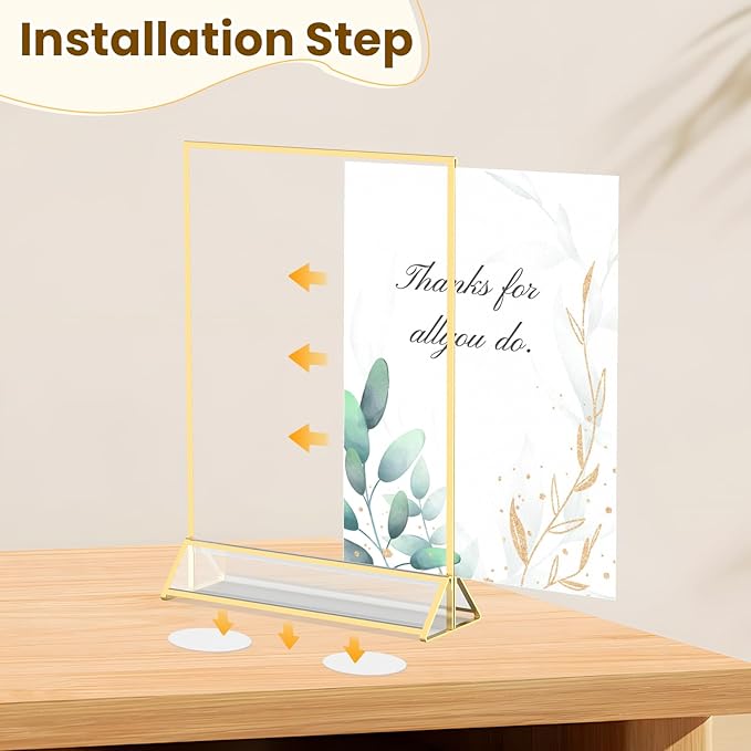 5X7 Acrylic Sign Holder Double-Sided Gold Frames Flyer Display Stand for Menu Wedding Table Number with Clear Sticky Dots - 6 Pack