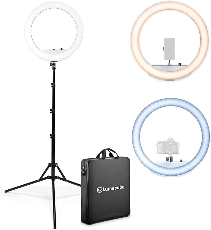 Lume Cube LED Ring Light for Videos, Selfies, Live Streaming |18” Circle Light with Stand, Phone Holder, and Camera Mount | Portable + 6.5 ft Tripod Stand and Travel Case | Battery Not Included