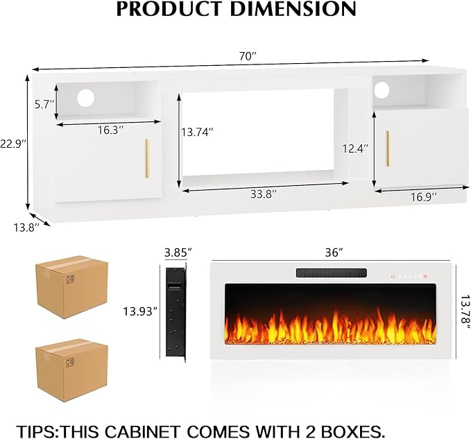 Lemberi Fireplace tv Stand with 36 inch White Fireplace Up to 80" TVs,LED Light Entertainment Center and Storage, 70" Modern Wood Media TV Console with Highlight Cabinet for Living Room