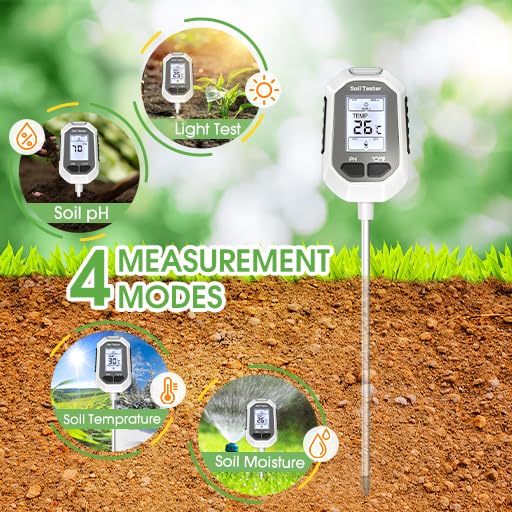 4-in-1 Soil Moisture Meter Digital Plant Temperature/Soil Moisture/PH Meter/Sunlight Intensity Backlight LCD Display Soil Test Meter for Gardening, Farming and Outdoor Plants