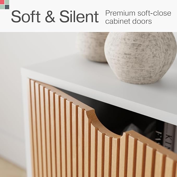 Fluted TV Stand - Media Console & Console Table with Cord Management - Soft-Close Doors & Adjustable Shelves Storage Cabinet - Living Room Entertainment Center - 70-Inch White & Oak