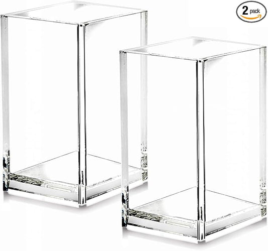 2 Pack Clear Acrylic Pencil Pen Holder Cup,Desk Accessories Holder,Makeup Brush Storage Organizer,Modern Design Desktop Stationery Organizer for Office School Home Supplies,2.6x 2.6x 4 inches