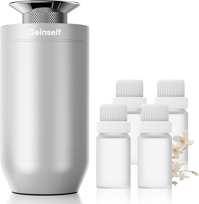 Waterless Essential Oil Diffuser Starter Kit with 4 x 10mL Fragrance Scent Oil, Smart Auto On/Off Car Diffuser Air Freshener, 1/8/24H Timer& 2 Mist Levels Scent Diffuser for Car(Sliver)