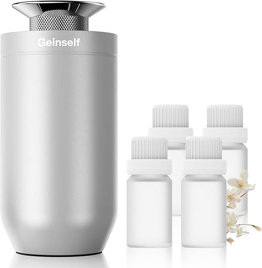Waterless Essential Oil Diffuser Starter Kit with 4 x 10mL Fragrance Scent Oil, Smart Auto On/Off Car Diffuser Air Freshener, 1/8/24H Timer& 2 Mist Levels Scent Diffuser for Car(Sliver)