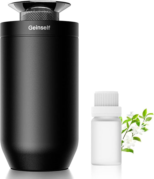 Waterless Essential Oil Diffuser, Smart Auto On/Off Car Diffuser Air Freshener, 3 Countdown Timer& 2 Mist Levels Mini Scent Diffuser Rechargable for Car, Premium Aluminum (Black)