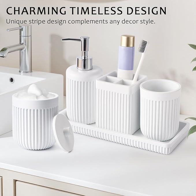 8-Piece White Bathroom Set - Resin Bathroom Accessories Sets Complete with Shower Curtain and Rugs, Soap Dispenser, Toothbrush Holder, Cup, Tray & Cotton Swab Jars