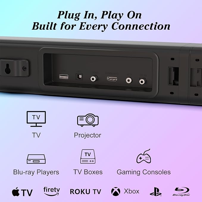 TV Sound Bar, Soundbar with RGB LED Lights & 2.1CH Bluetooth Speaker Surround System, 180W Surround Sound, AUX/Optical/HDMI ARC Home Theater Speaker, 2 in 1 Detachable for Smart TV/Projector/Gaming/PC