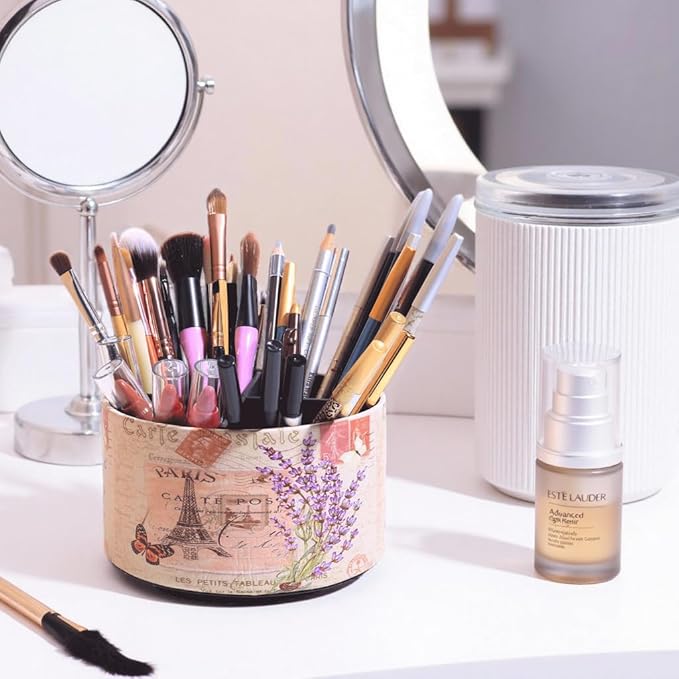 360° Rotate Desk Pen Organizer, Makeup Brush Holder Organizer, Makeup Organizers Countertop, TV Remote Control Holder,Leather Remote Caddy,Dual-Purpose Art Supply Pencil Cup (Lavender)