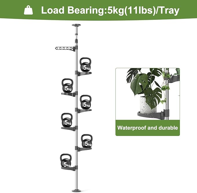 BAOYOUNI 7-Tier Indoor Plant Pole Spring Tension Rod Expandable Flower Pots Display Rack Stand Hanger Metal Corner Storage Shelf, Grey