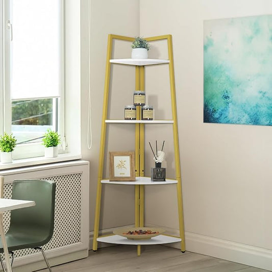 CAPHAUS Tall Corner Shelf Stand, 4-Tier Display Shelves, Ladder Corner Wood Storage Plant Bookshelf with Metal Frame, Versatile Shelving Unit Bookcase for Home Office Space, Gold
