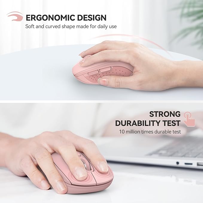 TECKNET Bluetooth Mouse, 4000DPI Wireless Mice for Laptop 2-in-1(BT 5.0/3.0+2.4Ghz) Computer Portable PC Mouse Wireless with USB Receiver for Mac (USB-A+Bluetooth, Pink)