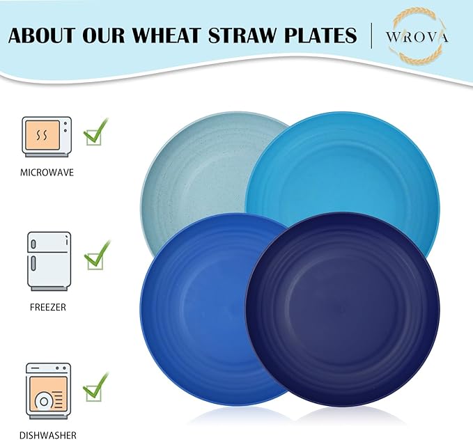 Wheat Straw Salad Plates - 9 Inch Unbreakable Dinner Set of 8 Dishwasher & Microwave Safe Plastic Reusable Lightweight for kitchen,camping (Ocean),Ocean Series:Gradient Blue