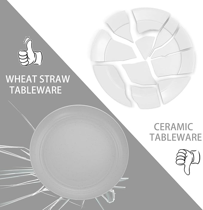 LIYH 48 Pcs Wheat Straw Dinnerware Set,Plates and Bowls Set,Camping Dish Set for 12, Plastic Dinnerware Set,Dishwasher Safe Dinnerware Set, Unbreakable Plates,Camping Dish Sets (Light Grey)