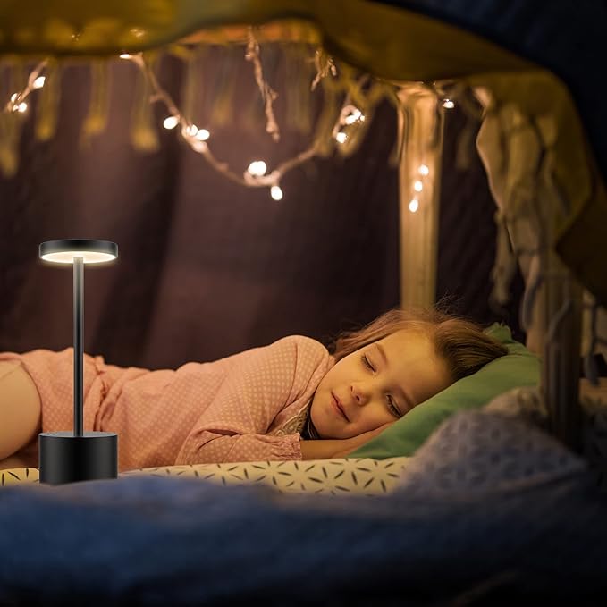 LED Cordless Table Lamp,Rechargeable 3 Color Stepless Dimming Battery Operated Lamp,Metal Portable Indoor and Outdoor Night Light,for Home Office/Living Room/Restaurant/Study.(Black)