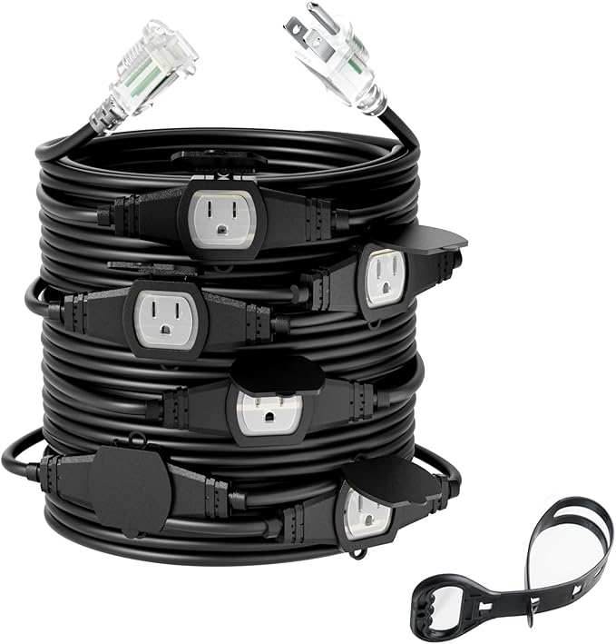 50FT 14 Gauge Outdoor Power Extension Cord,Seven Outlet Cable.Multiple Evenly-Spaced Plug Ideal for Landscaping Light,Stage Backlines,Holiday Decoration and Christmas,ETL Listed