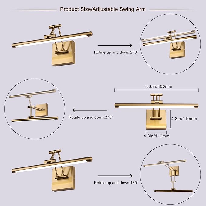 Hard-Wired Picture Light Dimmable LED Picture Lights for Paintings 15.7 Inch Brass Metal Body Wall Pictures with Adjustable Gold Swing Arm Art Display Lamps 7W 3000K Warm White Book Light