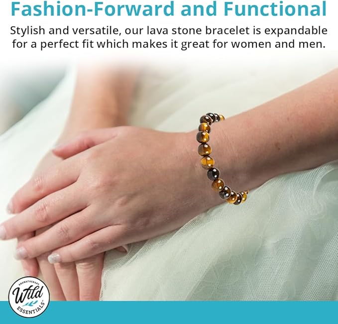Wild Essentials Tiger Eye and Lava Stone Bracelet, Expandable up to 8 inches, Aromatherapy Jewelery for Women, Men, Esssential Oil Diffuser, Grounding Calming Strength Confidence